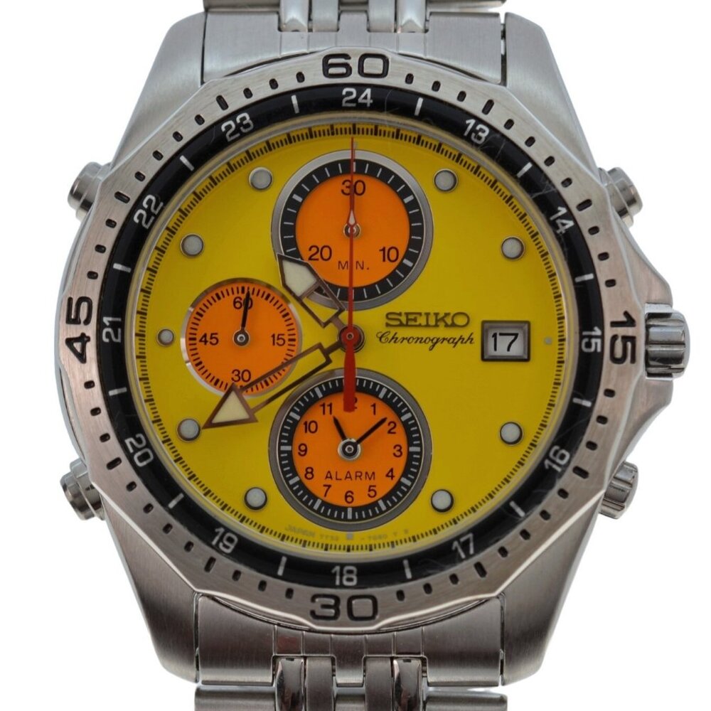 NEW Seiko Chrono Alarm 1998 Nagono Olympics Yellow Watch 7T32-7C70 w B+P SZQT001